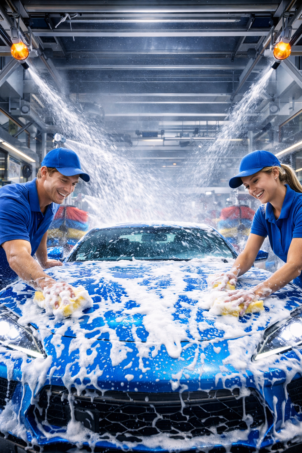Two car wash workers cleaning a vehicle with foam