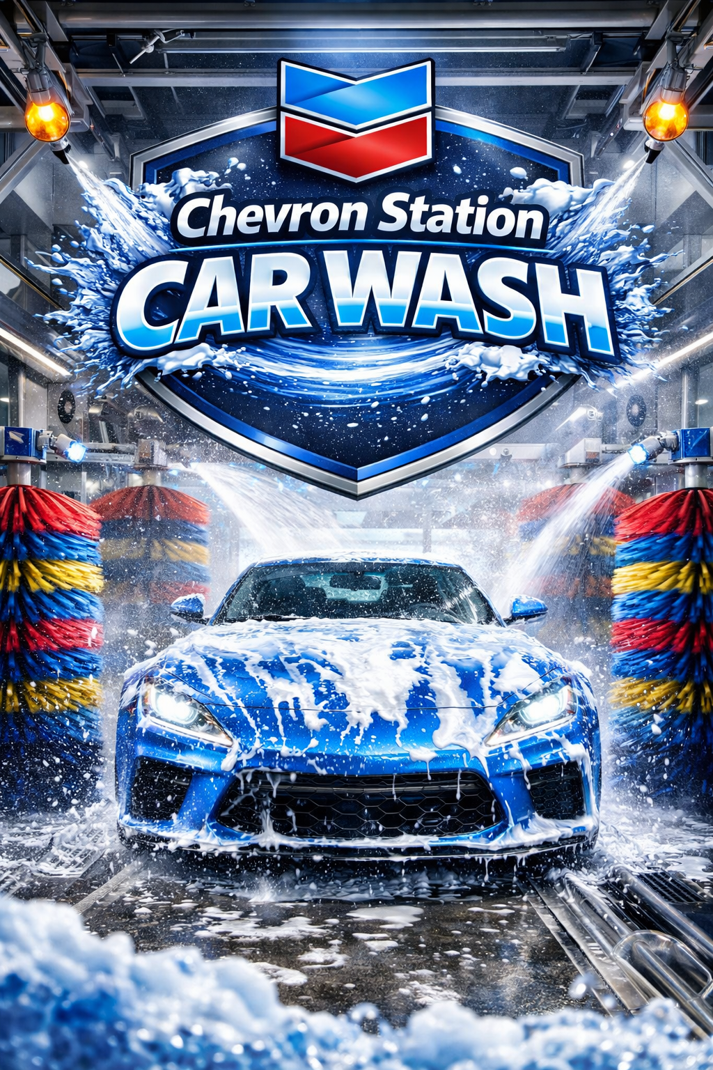 Blue sports car inside an automated tunnel wash